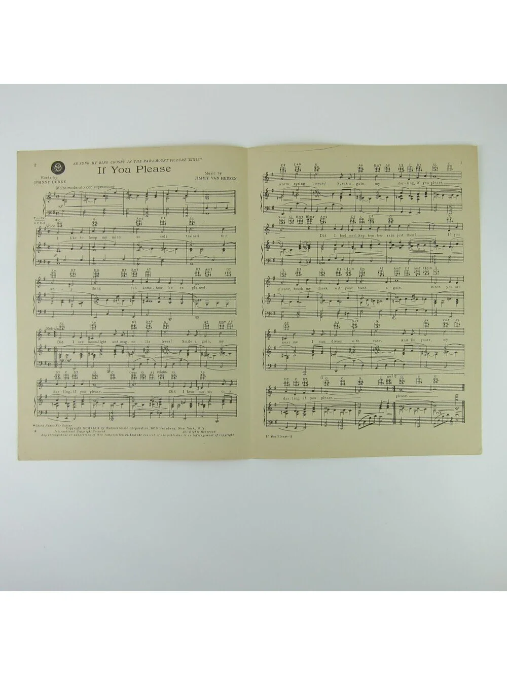 Sheet Music If You Please Dixie Bing Crosby Dorothy Lamour Film Vintage 1943